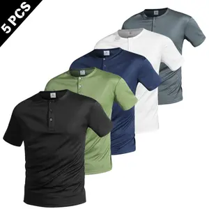 Men’s 5-Pack Henley-Collar T-Shirts with Button Front, Casual Sports Tops