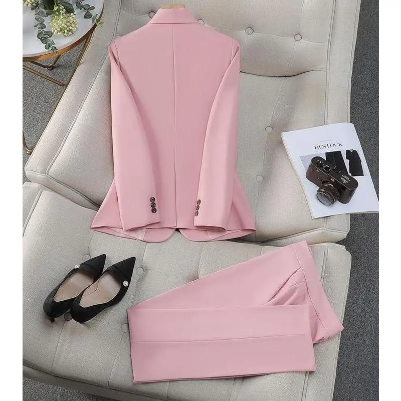 Elegant Women's 3-Piece Business Suit Set - Solid Color Pink Blazer with Double-Breasted Buttons,Womenswear Fabric Polyester Elegant Women's 3-Piece Business Suit Set - Solid Color Pink Blazer with Double-Breasted Buttons,Womenswear Fabric Polyester