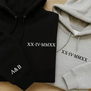 Embroidered Roman Numeral Hoodie, Personalized Couples Crewneck, Custom Anniversary Date Hoodie, Matching Initials Gift for Him and Her