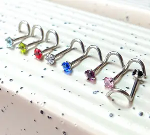 1pc Surgical Steel Nose Screw Ring Round Prong Set Gem 18g or 20g- choose color
