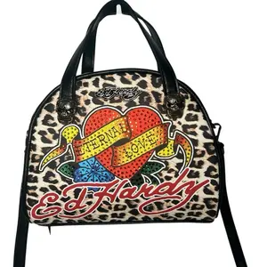 Ed Hardy Y2K Leopard Bowler Bag | Rhinestone Heart Crossbody Satchel