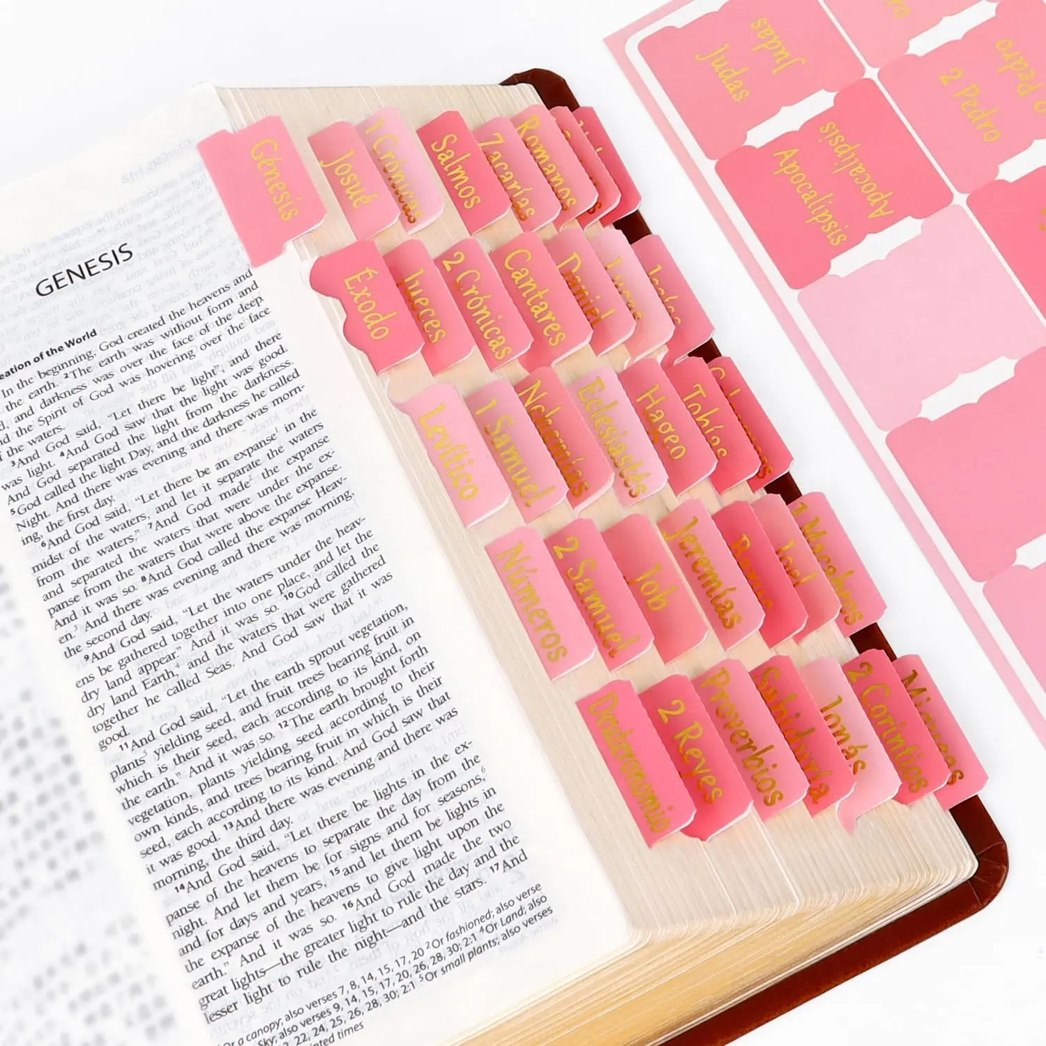 Spanish Pink Bible Tabs for Women Girls - Upgraded Version Large Print Women's Sturdy Gold Foil Laminated Waterproof para Mujeres, Ideal para Estudio Bíblico y Regalos Cristianos
