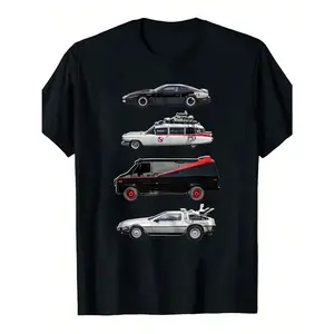 Men's 1pc 100%25 Cotton Crew Neck Loose-Fitting T-Shirt, All-Season Vintage Graphic Tee with Slight Stretch, Classic Film Cars Print (Knight Rider, A-Team, Back to the Future Delorean, Ghostbusters), Men's T Shirts