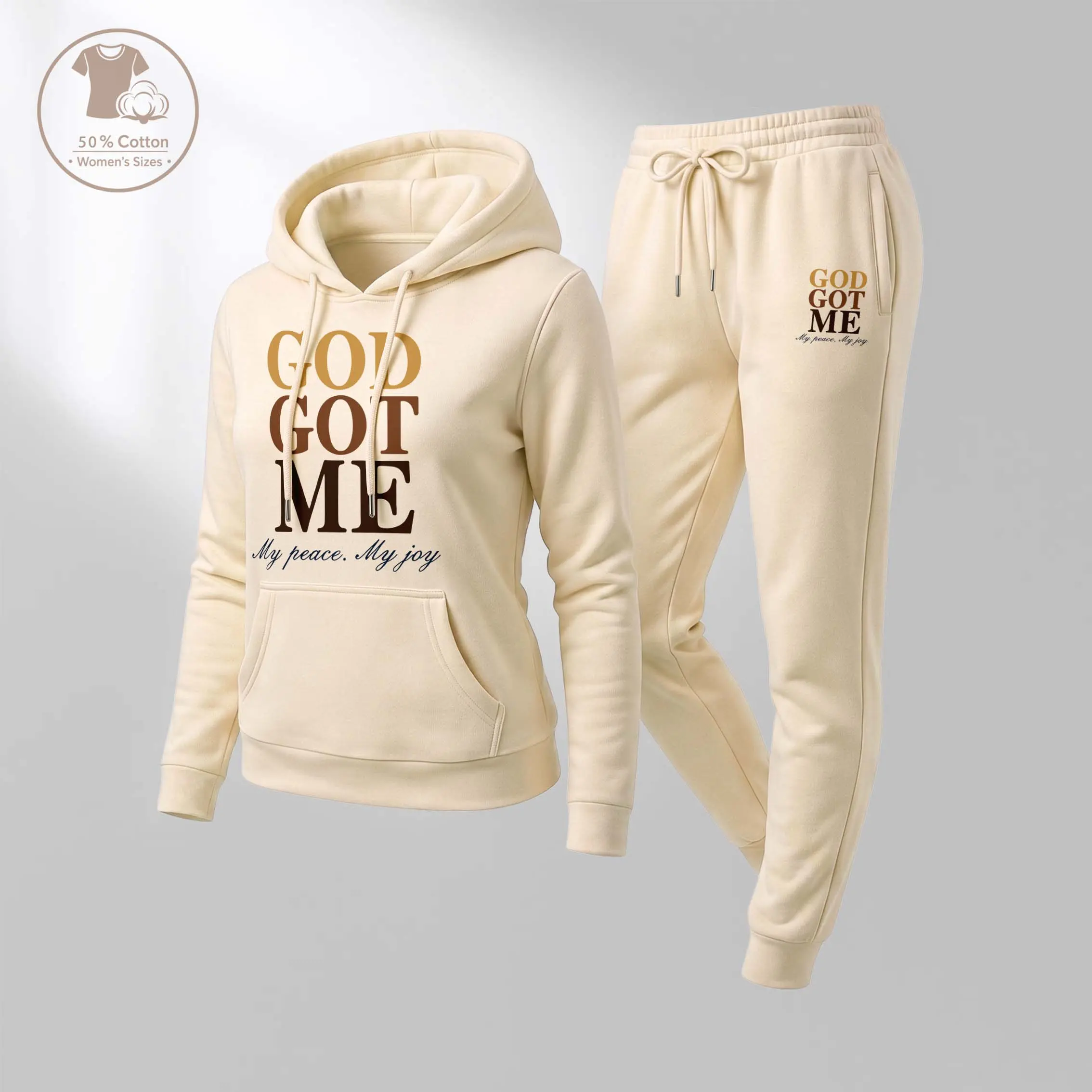Women's 2 Piece "God Got Me" Letter Print Hoodie & Drawstring Jogger Pants Set, Casual Gym Wear Streetwear Tracksuit, Long Sleeve Hooded Jacket with Pockets, Breathable Activewear for Fall Winter Women's Clothes
