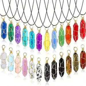 20Pcs/Pack Colorful Natural Stone Winding Hexagonal Column Pendant Necklace Set, 10pcs Pendant+10pcs Black Necklace Rope, Suitable for DIY Necklace Bracelets Earrings Keychains, Elegant Daily Wearing Accessories
