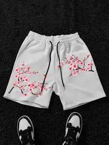 Men's Cherry Blossom Print Drawstring Shorts, Loose Fit Wide Leg, Elastic Waist, Side Pockets, Street Style, Summer Casual Wear
