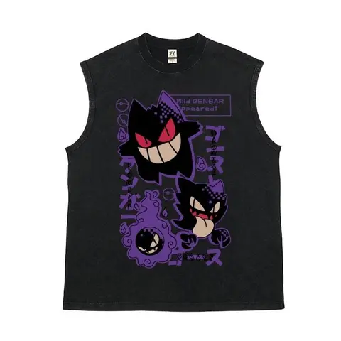 Wild GENGAR  Purple Ghost Creature Evolution Unisex Plus Size Summer Graphic Tees Personalized Pattern Y2k Clothing Round Neck Sleeveless Washed Vests,Women's Clothing 100% Cotton, Menswear, Top, Vintage Style, Casual Oversized,summerwin