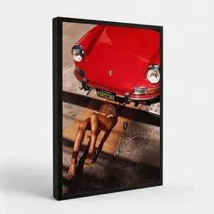 Vintage Red Porsche 911 with Woman Mechanic Canvas Art Print, Retro California Car Culture Wall Decor, Edgy Automotive Poster for Living Room Garage