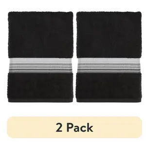 Cotton Bath Towel Set (2 Pack) - Super Soft, Highly Absorbent, Basic Striped, Black