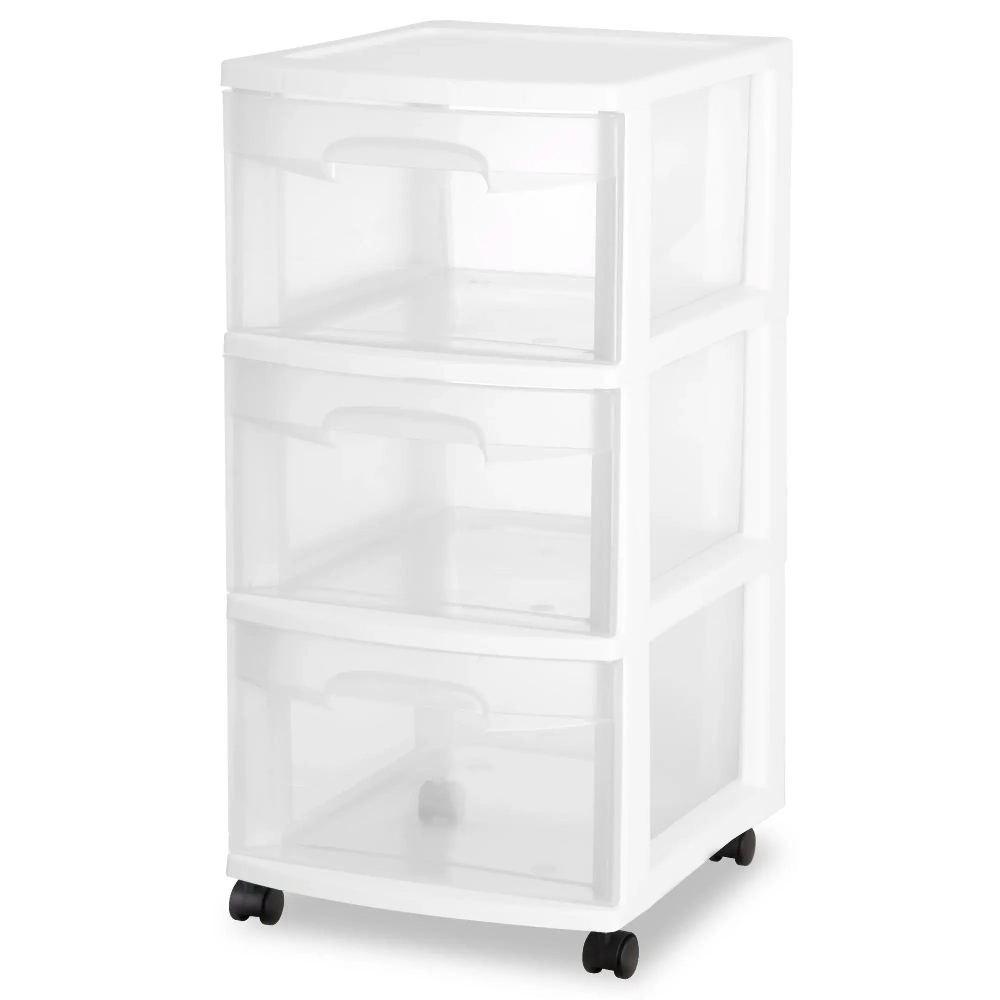 Plastic Storage Drawer Cart, Medium Home Organization Storage Container with 3 Large Clear Drawers and Wheels (WHITE) - 2 Pack
