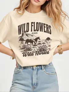 Women's Vintage Style Wild Horse Graphic Print Round Neck Fitted Knit Tee, Casual off Shoulder Short Sleeve for Summer, Perfect Top for Everyday Wear