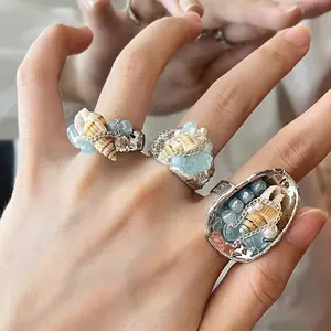Natural sea blue shell conch crystal stone beaded ring for women, niche design with a high-end feel, stackable trendy ring