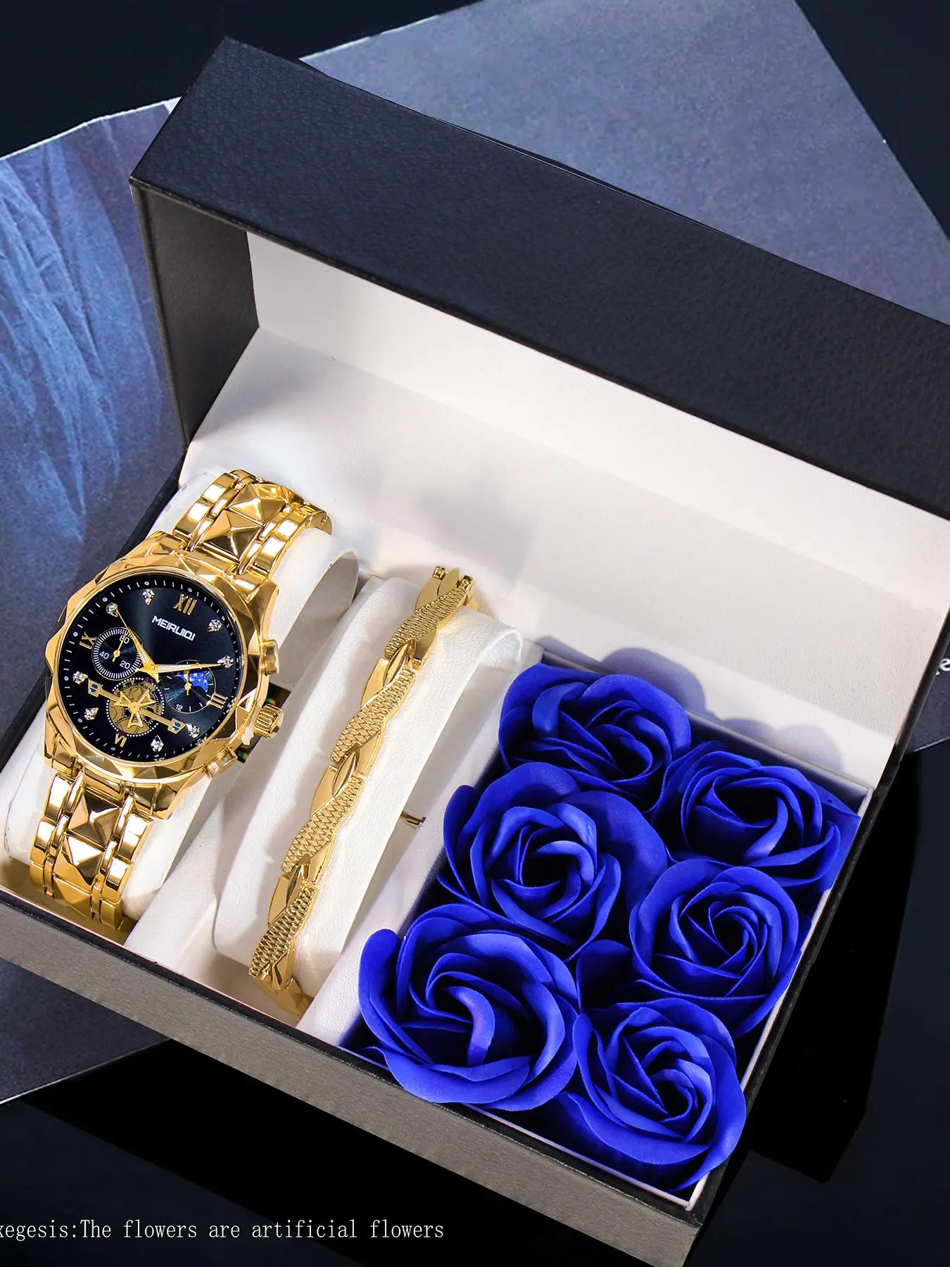 Men's Business Style Multi-Function Three-Eye Large Dial Waterproof Night Glow Moon Phase Quartz Watch Set, Elegant Gift Box Included