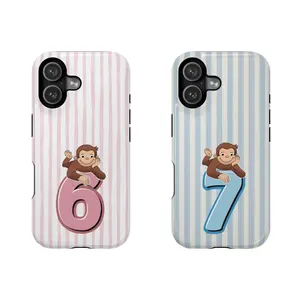 Matching Curious George Number 6 & 7 Phone Cases for Best Friends |   Striped Vintage Cartoon Book Cover |   iPhone Samsung Retro PBS Kids Gift |   Cover for IPhone 16 15 14 13 12 SE Max Pro Samsung galaxy 21 22 23 24 25