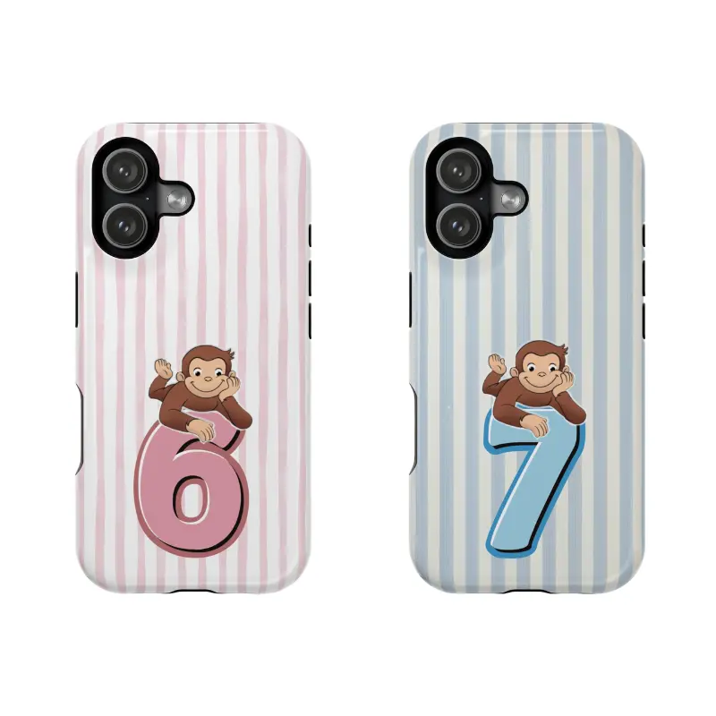 Matching Curious George Number 6 & 7 Phone Cases for Best Friends |   Striped Vintage Cartoon Book Cover |   iPhone Samsung Retro PBS Kids Gift |   Cover for IPhone 17 16 15 14 13 12 Max Pro Samsung galaxy 22 23 24 25 26