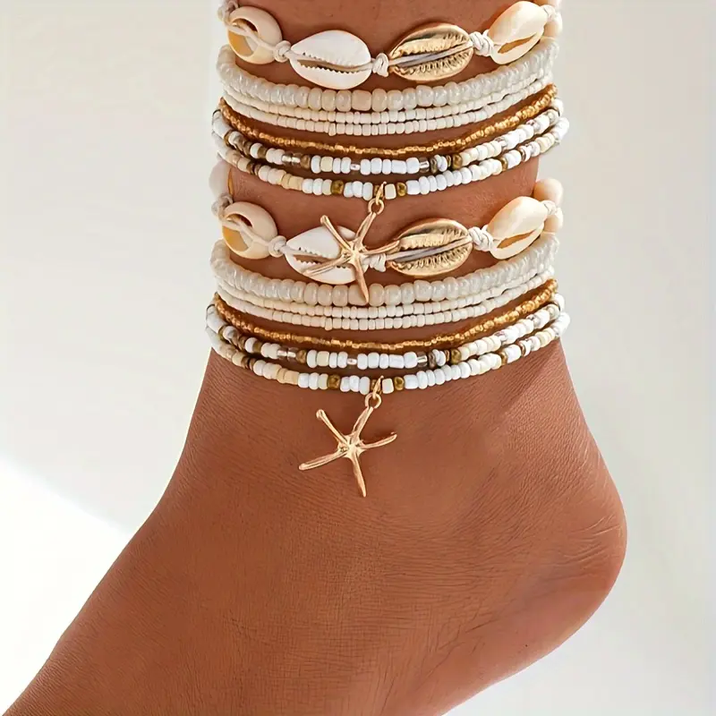 14Pcs Women Charm Beaded Anklet Set - Elegant Boho Chic Beaded Anklet Golden Accents, Starfish & Shell Charms, Multi-Layer Beach-Inspired Foot Jewelry - Versatile Daily Wear, Parties & Vacations