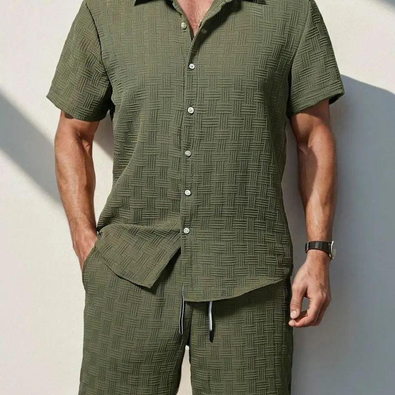 Men's Solid Short Sleeve Pajama Two-piece Set, Regular Fit Casual Comfy Button Up Shirt & Pants PJ Set, Men's Sleepwear Loungewear for Summer