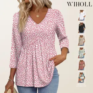 WIHOLL 3/4 Length Sleeve Womens Tops 2025 Blouses for Women Dressy Casual Fashion Clothing V Neck Babydoll Tops Fall Outfits