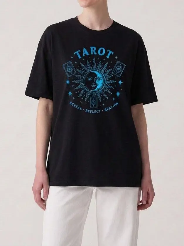 Carpesun Vintage Tarot Sun Moon Shirt, Witchy Mystic Astrology Graphic Tee, Celestial Tarot Card Design Short Sleeve Crewneck T-Shirt for Men Women, Retro Occult Spiritual Aesthetic Gift for Tarot Lovers and Astrology Fans