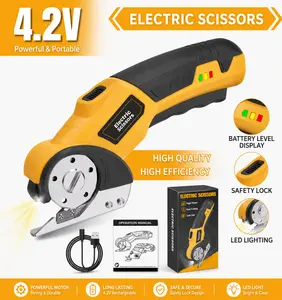 Electric Scissors, Cardboard Cutter, With LED Light, High-Efficiency Brushless Motor, 2000mAh Battery, Tungsten Steel Blade, Suitable for Cloth, Cardboard, Carpet Wire Rope Cutters Yellow