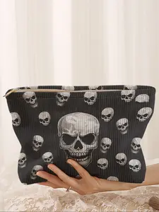 Skull Print Corduroy Makeup Bag, Cute Cartoon Style, Lightweight Multi-Functional Fashion Casual Cosmetic Pouch, Cosmetic Travel Bags, Travel Organizer