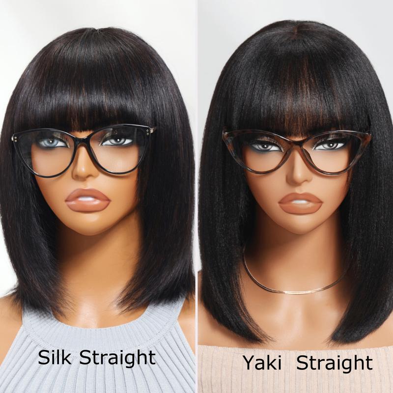 UNice Glueless Silk Straight Short Bob Wig with Bangs Full Machine Made Human Hair Wigs for Natural Looking