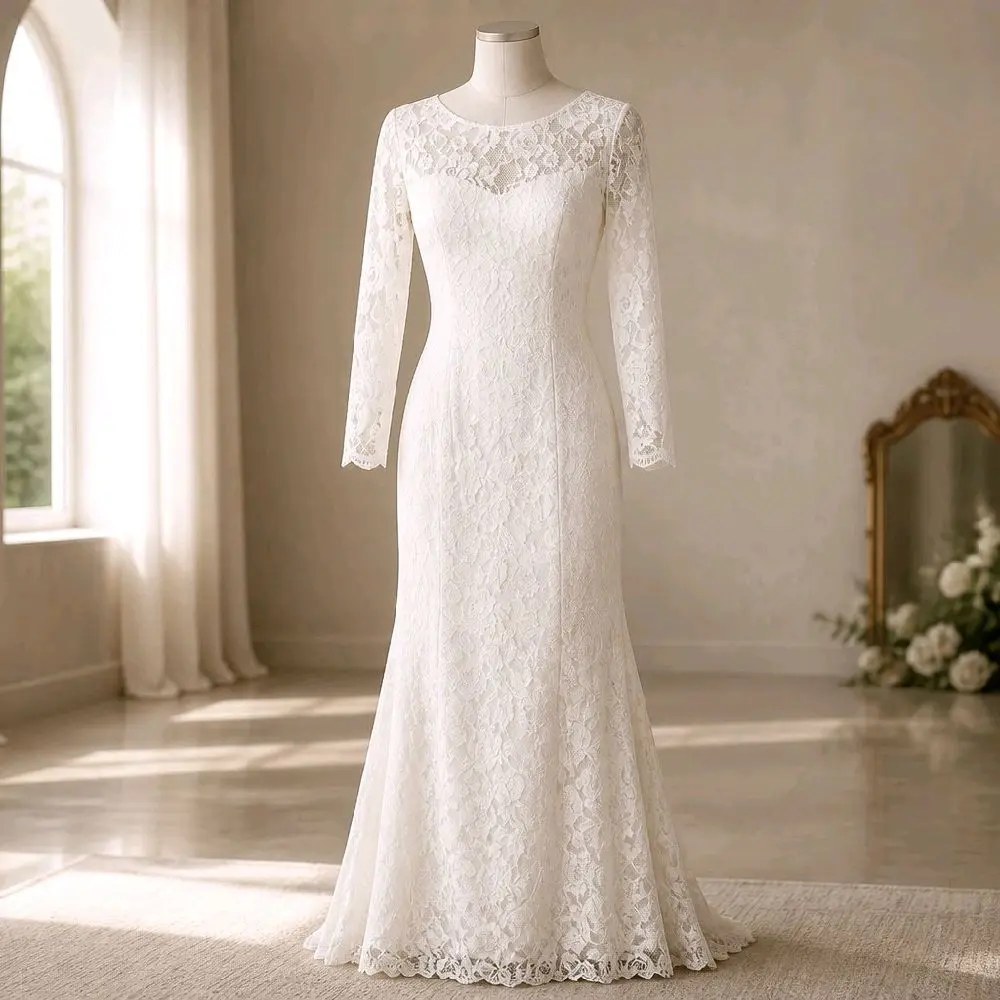 Vintage-Style Long Sleeve Lace Bridal Gown - Size 2 - Button Back Detail Dress