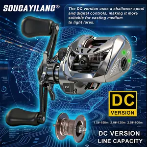 Sougayilang DC series intelligent baitcasting reel features a fifth-generation vibration alarm system, a high gear ratio of 7.2, 4+1 stainless steel ball bearings, a lightweight aluminum spool, and a multi-mode intelligent shift brake.