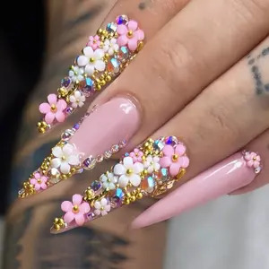 Long Sharp Tip Nail Tips, Floral Design Fake Nails, Nail Art Supplies, Cross-Border Wearable Manicure Stickers, 24 Pieces, No Ca Prop 65 Warning, Glitter Rhinestones
