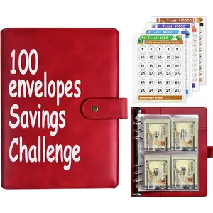 100 Envelopes Money Saving Challenge Binder A5 Budget Planner Book Tracker with Cash Envelopes and Guide, Fun Easy Savings System for Multiple Savings Goals, Red