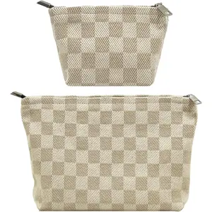 2 count Checkered Makeup Bag Set Canvas  Pouch for Women Large & Small Cute Preppy Aesthetic Travel Toiletry Pouch Organizer for Purse Skincare Brushes, Khahi