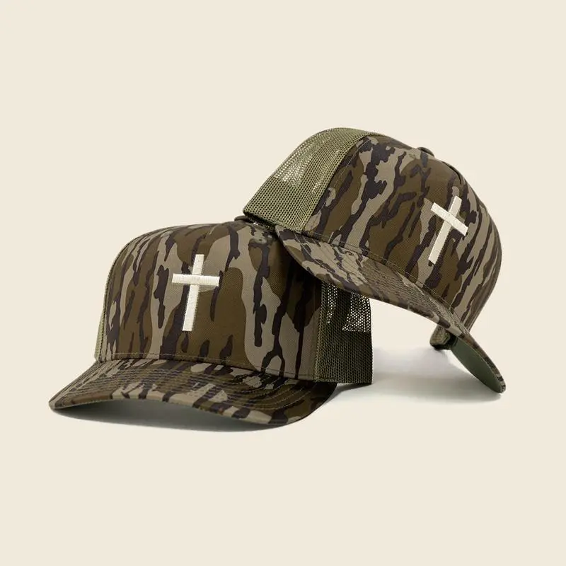 Bottomland Cross Embroidered Hat, Christian Camo Trucker Hat, Unisex Adjustable Snapback Cap, Outdoor Faith Gift