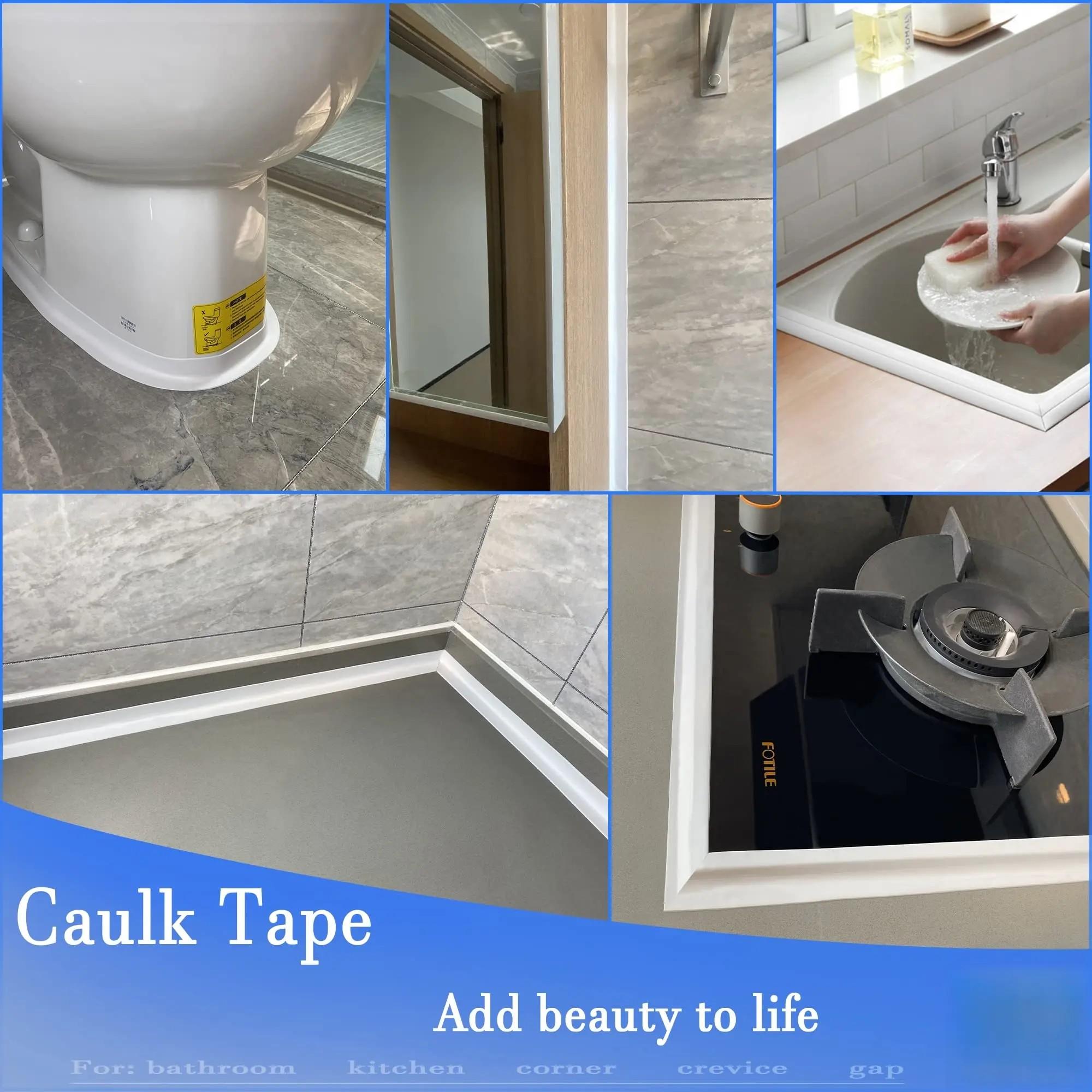 16.4FT*1.5IN White Waterproof Caulk Tape- Industrial Strength ,  Self-Adhesive Sealing Tape for Bathroom Kitchen Sink Toilet Tub Edges Easy Application & Durability Waterproof Mold-Proof