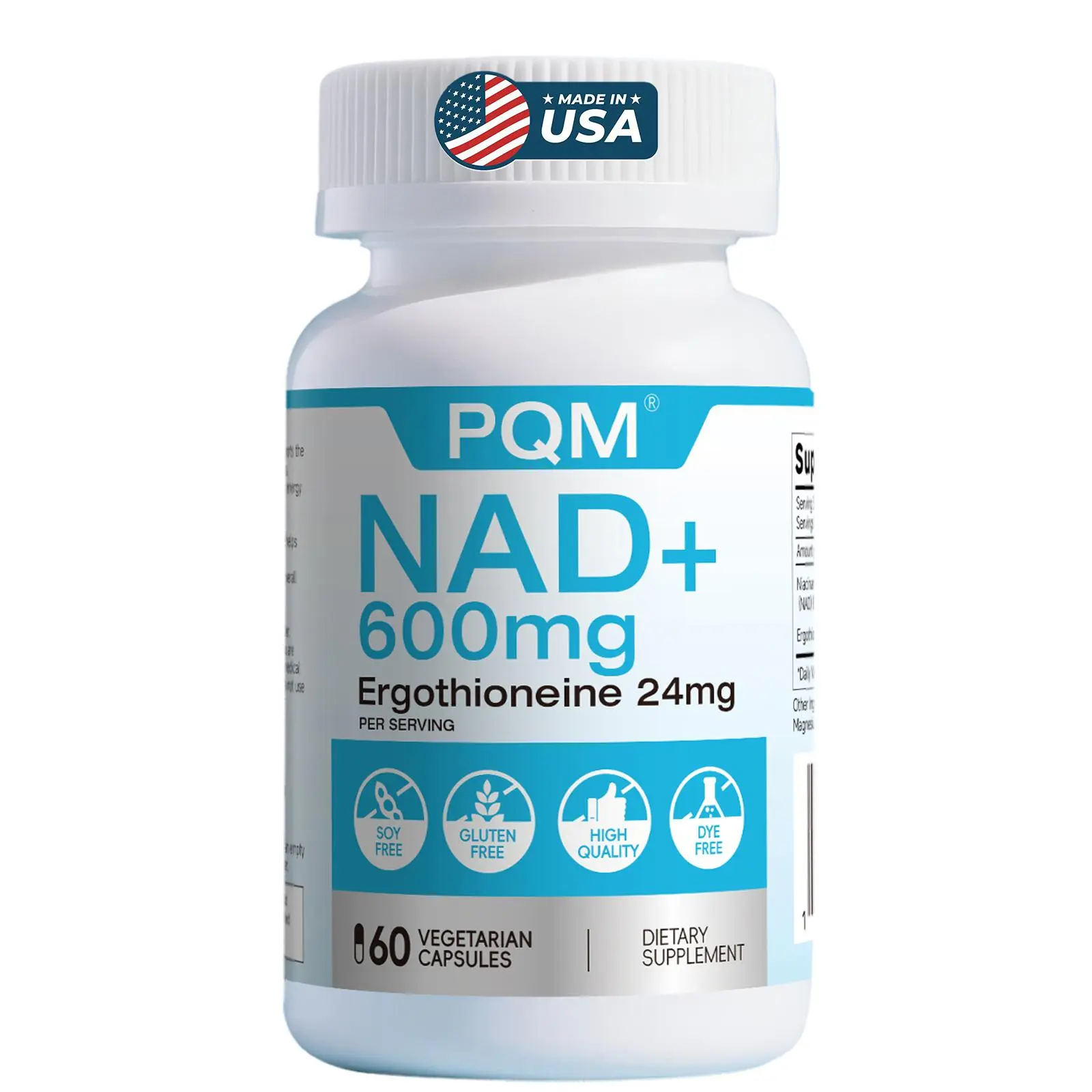 PQM NAD+ with Ergothioneine 600mg & 24mg-Supports Cellular Health & Antioxidant Support  & Healthy Aging - 60 Vegetarian Capsules - Made in USA - Healthcare daily nutrient supplement Fitness Dietary Third-party testing