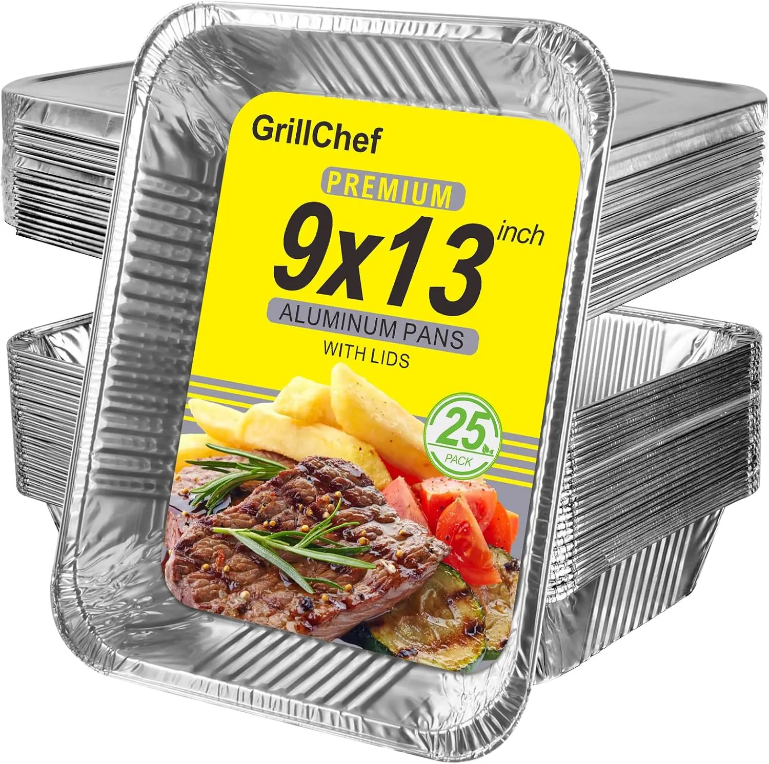 GrillChef Heavy-Duty Disposable Aluminum Foil Pans with Lids, 25-Pack 9x13 Half-Size Trays for Cake Baking, Steam Table Use