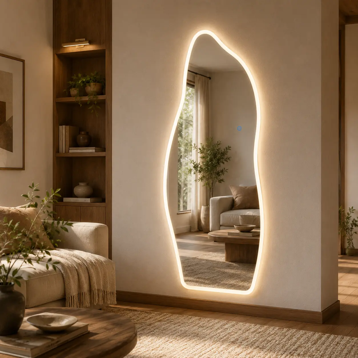 65" x 25" Irregular LED Full Length Wall Mirror with Tempered Glass, 3 Color Lighting and Touch Control, Modern Asymmetrical Makeup Mirror for Bedroom Closet Entryway