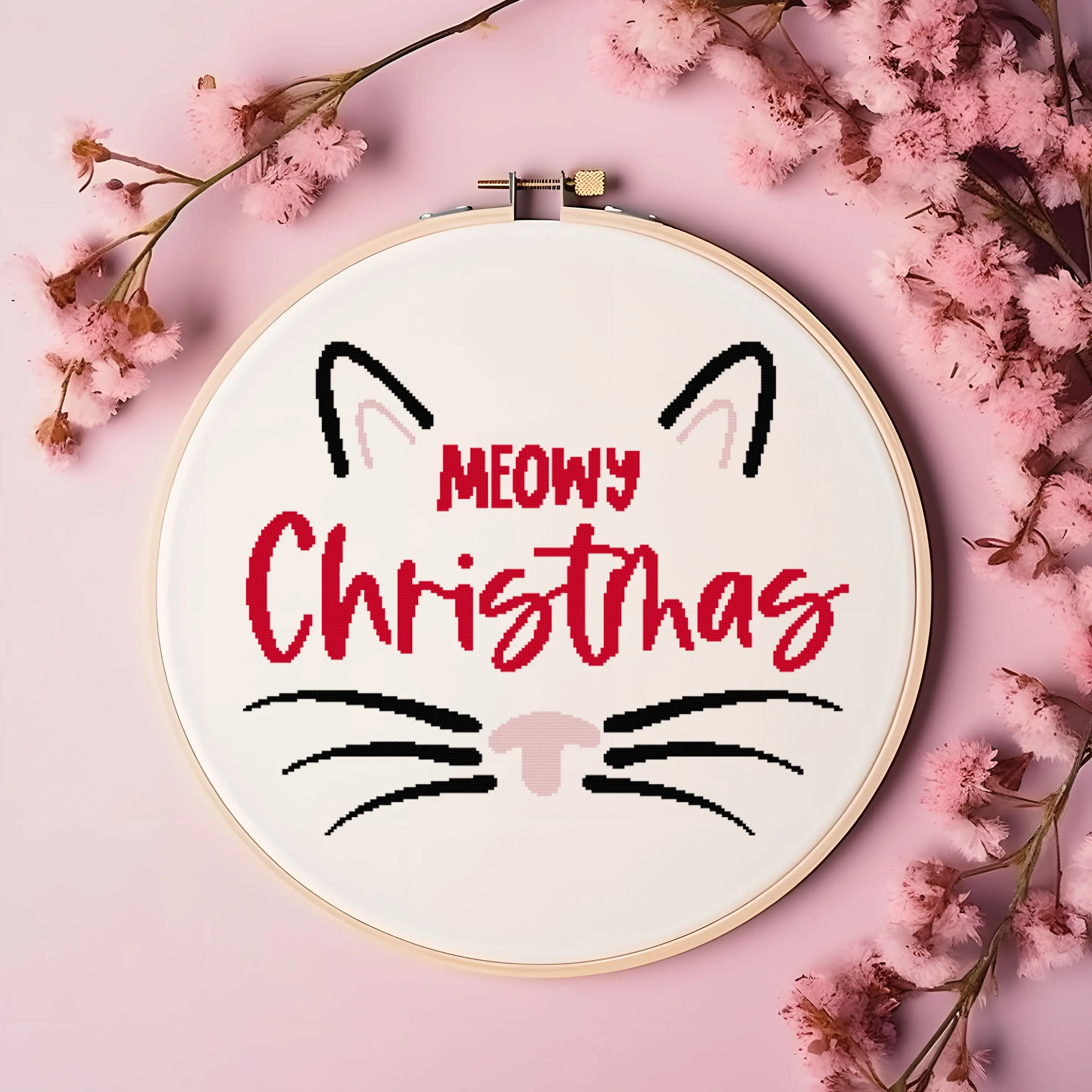 Christmas Holiday Cat Kitten Face Meowy Christmas Humor  -  Cross Stitch Pattern Kit