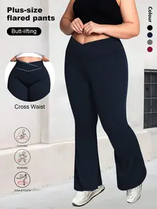 Women's Plus Size Cross Waist Elastic Bell Bottoms, Sweet Casual Pants, Yoga Skinny Leggings, Breathable Fabric, Multiple Colors, Flare Leggings