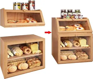 3-Tier Extra Large Bamboo Bread Box with Double Separable Design, Clear Window, and Adjustable Compartments for Kitchen Countertop - Natural Finish.