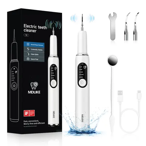 MDLIKE Cordless Battery Powered Teeth Cleaning Machine - 3.7V Ultrasonic At Home Dental Scaler for Adults, Built-In Batteries, LED Light, Display, 5 Adjustable Modes, Oral Hygiene Kit