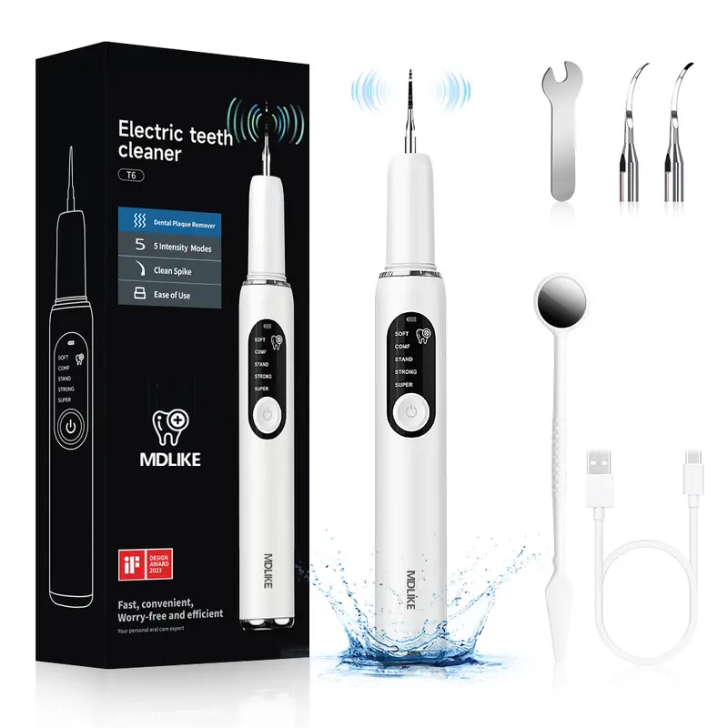 MDLIKE Cordless Battery Powered Teeth Cleaning Machine - 3.7V Ultrasonic At Home Dental Scaler for Adults, Built-In Batteries, LED Light, Display, 5 Adjustable Modes, Oral Hygiene Kit