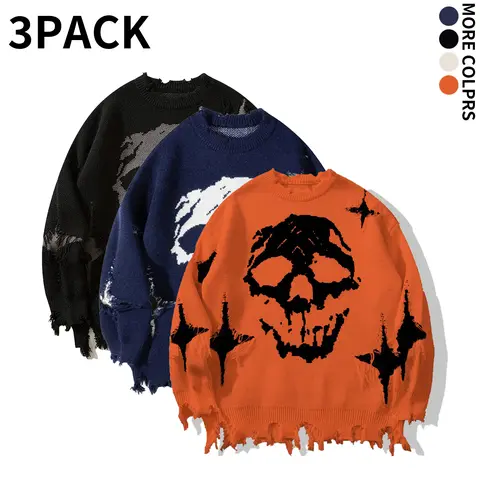 Men's Vintage Frayed Knit Sweater, Long Sleeve Pullover, Casual Relaxed Cut, Soft Warm Fabric, Stylish Graphic Design, Suitable for Adult Men, Great for Daily Street Wear, Theme Party & Casual Social Occasions