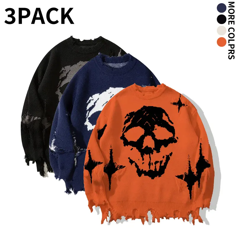 Men's Vintage Frayed Knit Sweater, Long Sleeve Pullover, Casual Relaxed Cut, Soft Warm Fabric, Stylish Graphic Design, Suitable for Adult Men, Great for Daily Street Wear, Theme Party & Casual Social Occasions