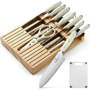 In-drawer Knife Block Set, 16PCS Knife Set with Wooden Block, Chopping Set, Stainless Knife Block Set, Cooking Knife Set with Cutting Board, Rust, White