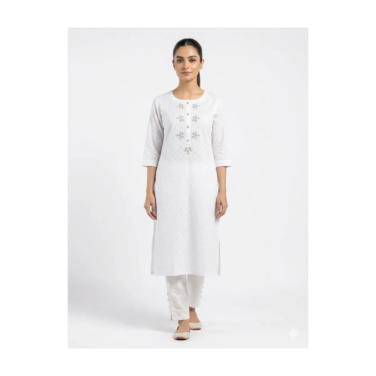Kurthitop-7 White Embroidered Kurthi with 3/4 Sleeves & Asymmetric Hem