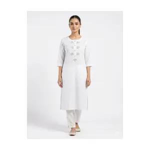 Kurthitop-7 White Embroidered Kurthi with 3/4 Sleeves & Asymmetric Hem
