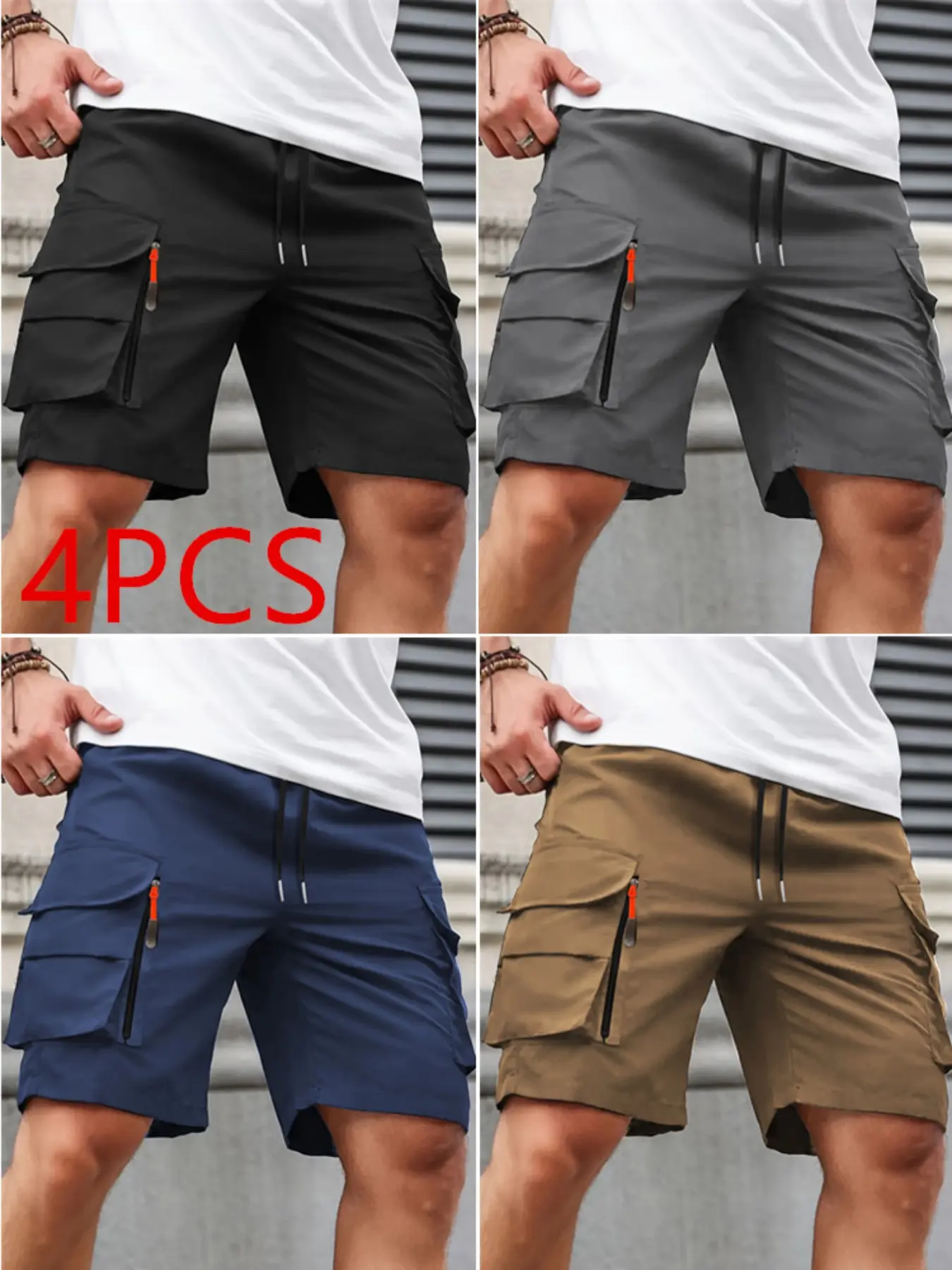 Men's Casual Workwear Shorts, Shorts With Pocket, Zip Pocket Short Pants, Waist Drawstring Gym Shorts, Multi-Pocket Outdoor Hiking Shorts, Daily Wear