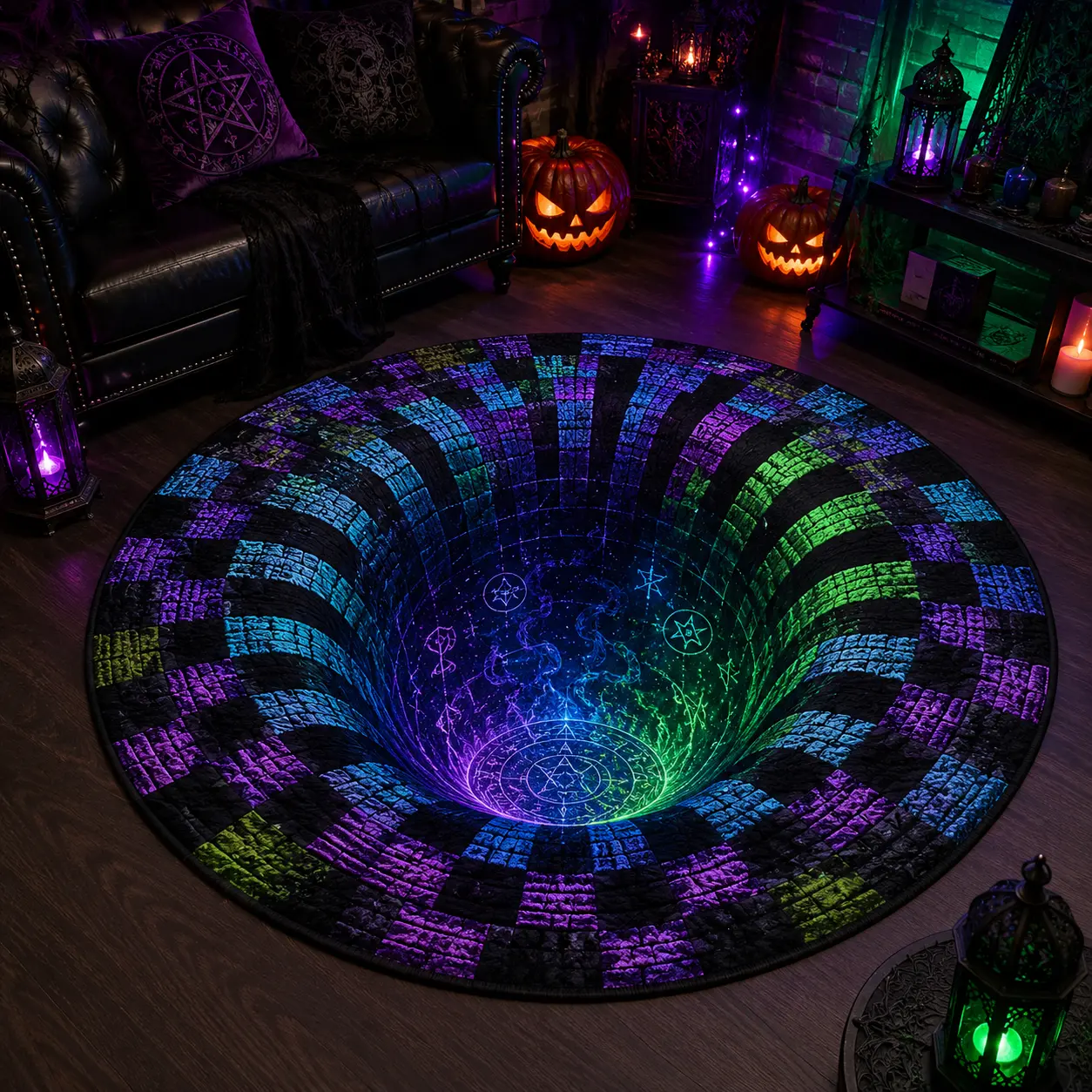 3D Mystic Illusion Round Rug, Witchy Optical Illusion Area Rug, Neon Magic Circle Halloween Floor Mat for Living Room, Bedroom & Gothic Decor