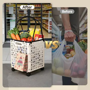 Large Capacity Folding Shopping Cart with Wheels | Heavy Duty Collapsible Utility Cart & Portable Rolling Wagon for Groceries, Camping, Laundry & Beach