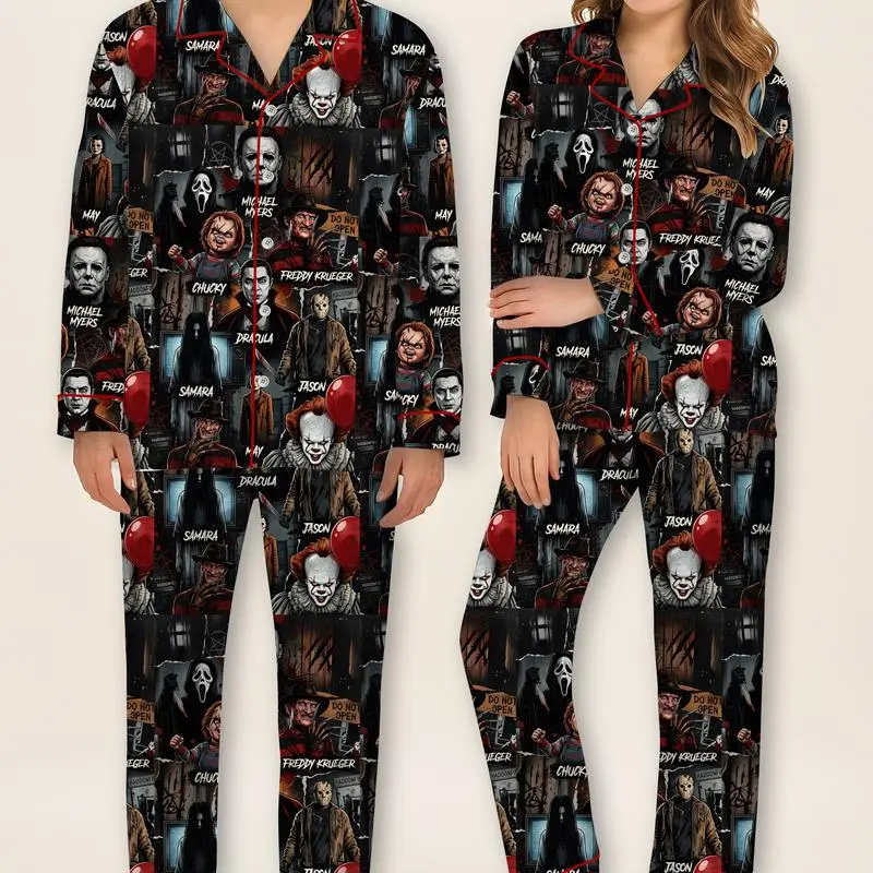 Horror Movie Night Pajama Set, Halloween Spooky Satin Sleepwear, Scary Theme Lounge Set Gift for Horror Fans